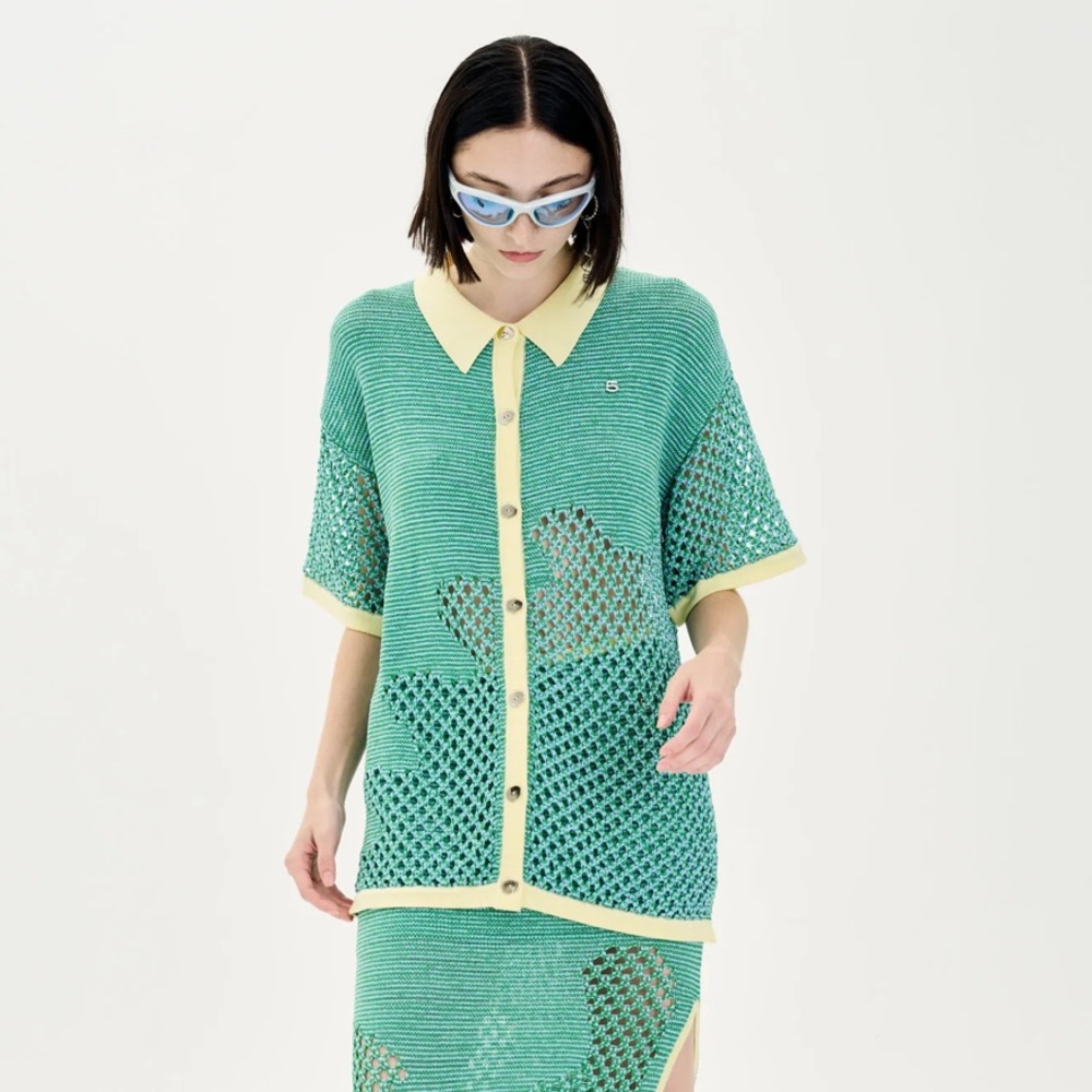 PH5 Mint Green Knit Button-Down Top with Pale Yellow Trim